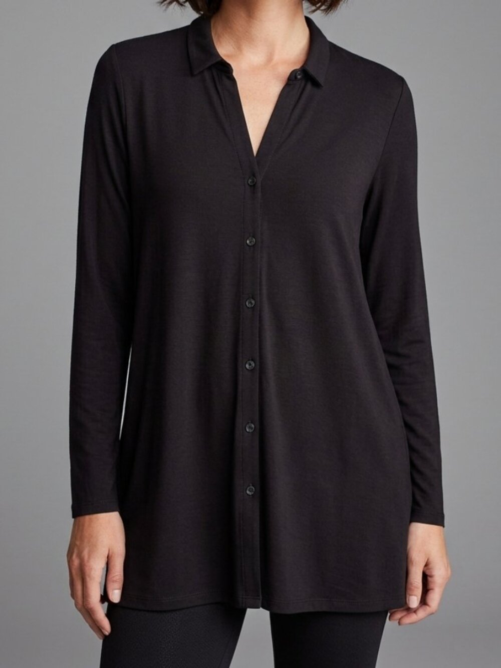 Eileen Fisher Black Tunic Length Tencel Blend Button Front Shirt Women's Size S